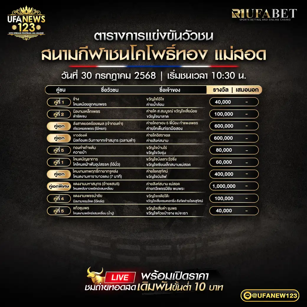 โปรแกรมวัวชน สนามกีฬาชนโคโพธิ์ทอง แม่สอด เริ่มเวลา 10:30 น. 30 กรกฎาคม 2568