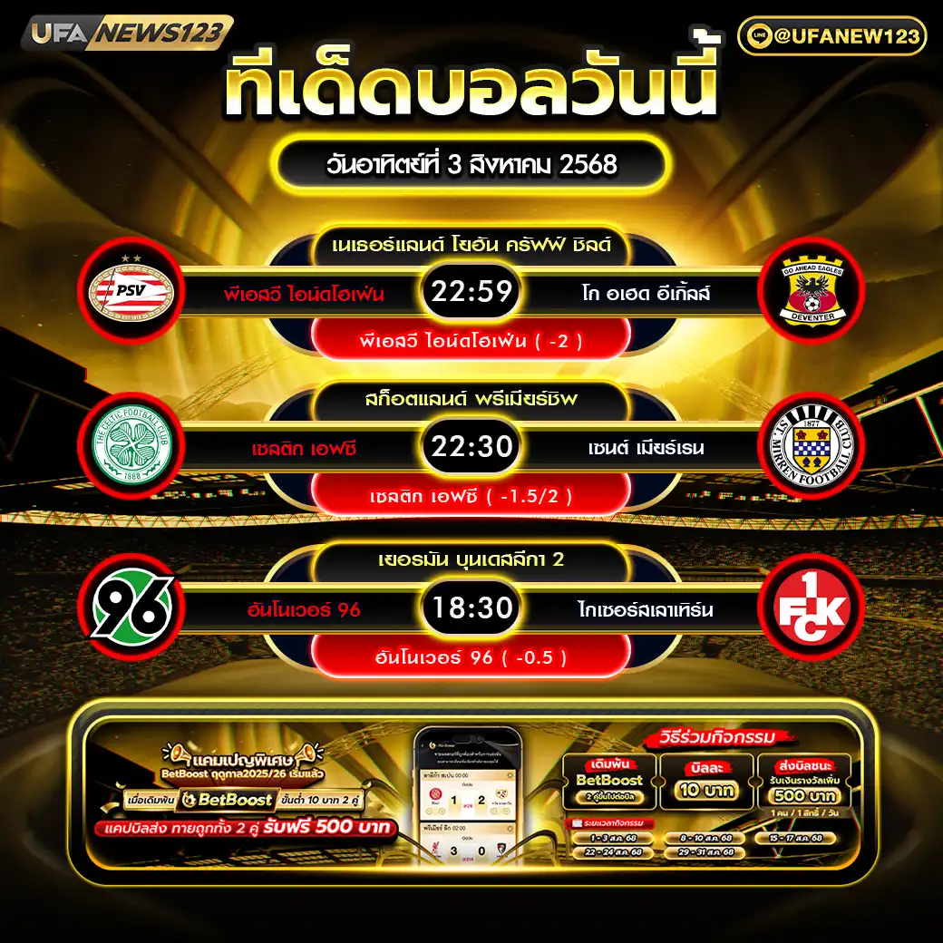 ทีเด็ดบอล แจกบอลสเต็ป 3 คู่ วันที่ 03 สิงหาคม 2568