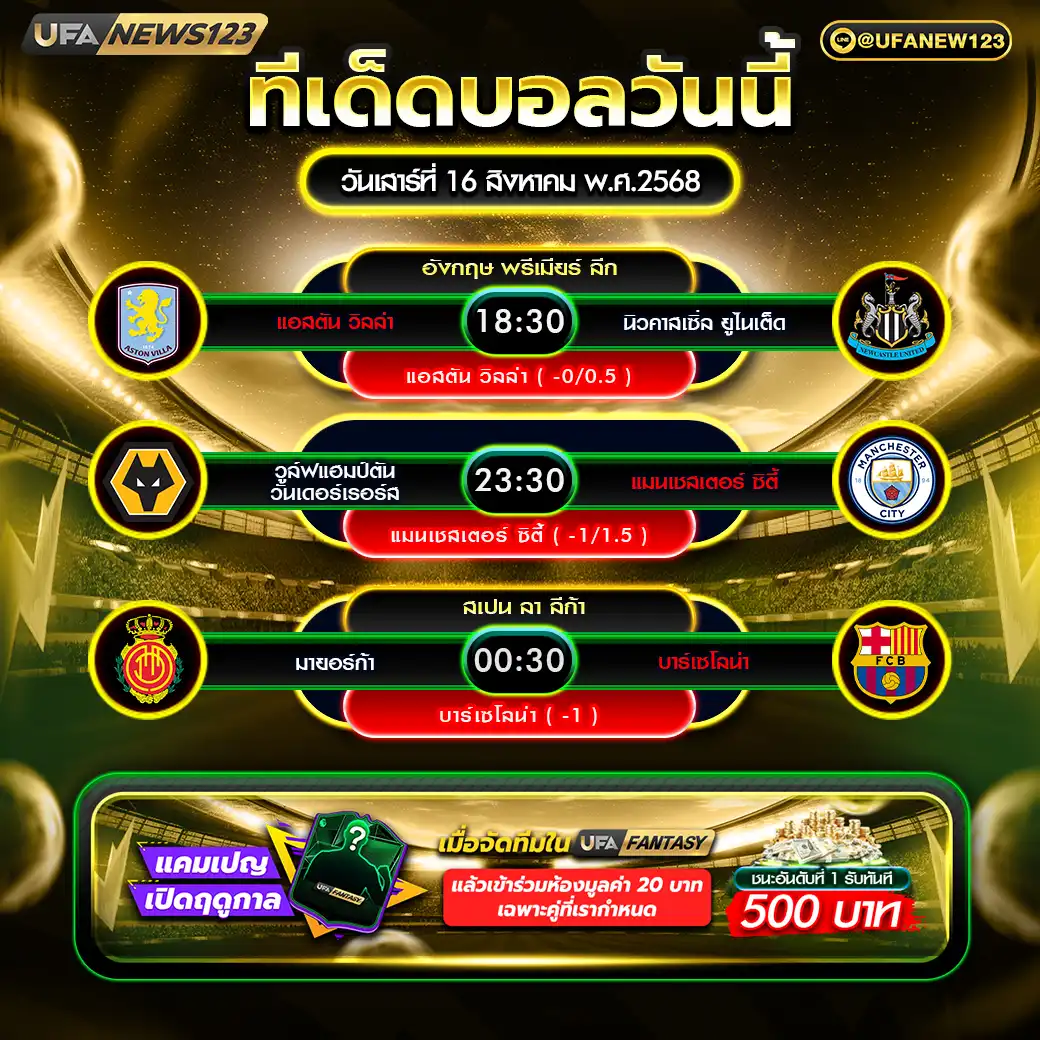 ทีเด็ดบอล แจกบอลสเต็ป 3 คู่ วันที่ 16 สิงหาคม 2568
