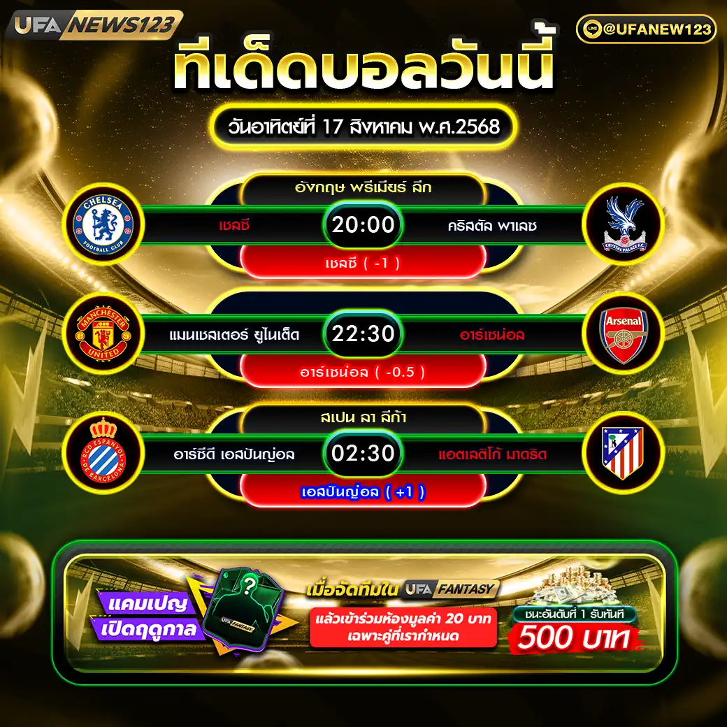 ทีเด็ดบอล แจกบอลสเต็ป 3 คู่ วันที่ 17 สิงหาคม 2568