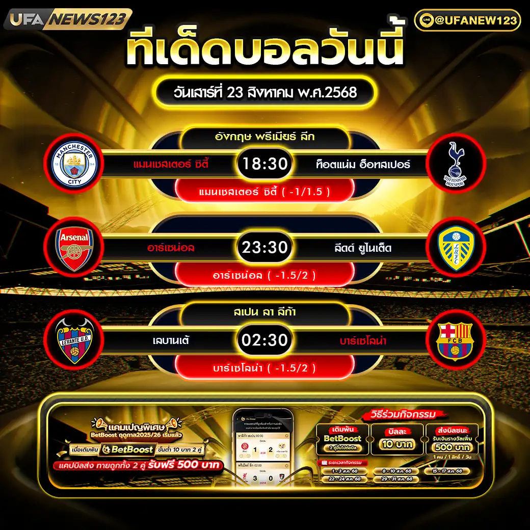ทีเด็ดบอล แจกบอลสเต็ป 3 คู่ วันที่ 23 สิงหาคม 2568