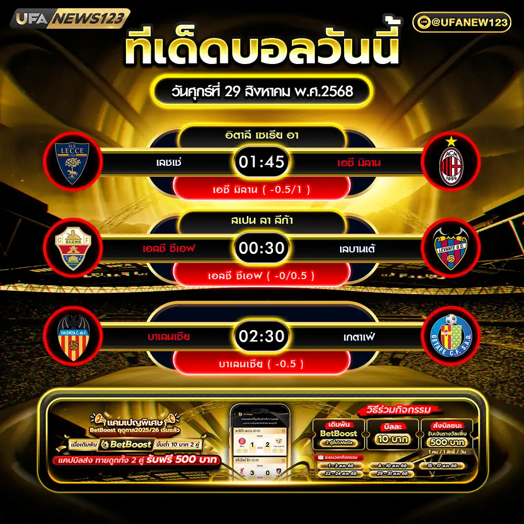 ทีเด็ดบอล แจกบอลสเต็ป 3 คู่ วันที่ 29 สิงหาคม 2568