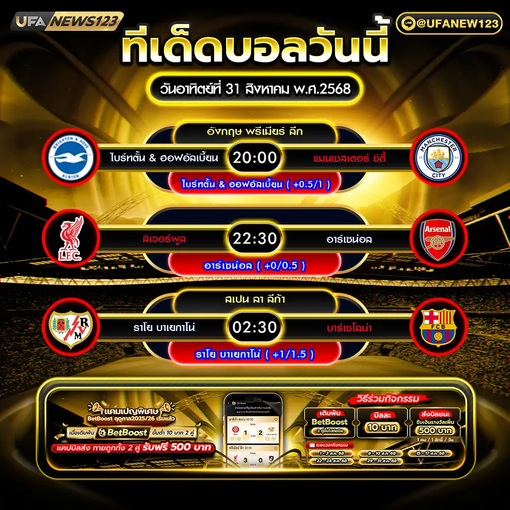 ทีเด็ดบอล แจกบอลสเต็ป 3 คู่ วันที่ 31 สิงหาคม 2568
