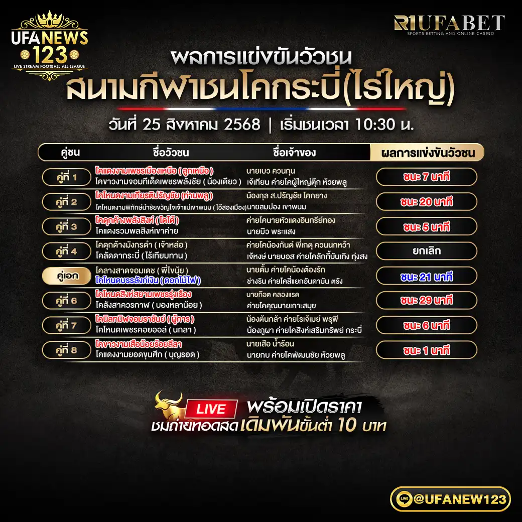 สรุปผลวัวชนประจำวันที่ 25 สิงหาคม 2568 | สนามกีฬาชนโคกระบี่ (ไร่ใหญ่)