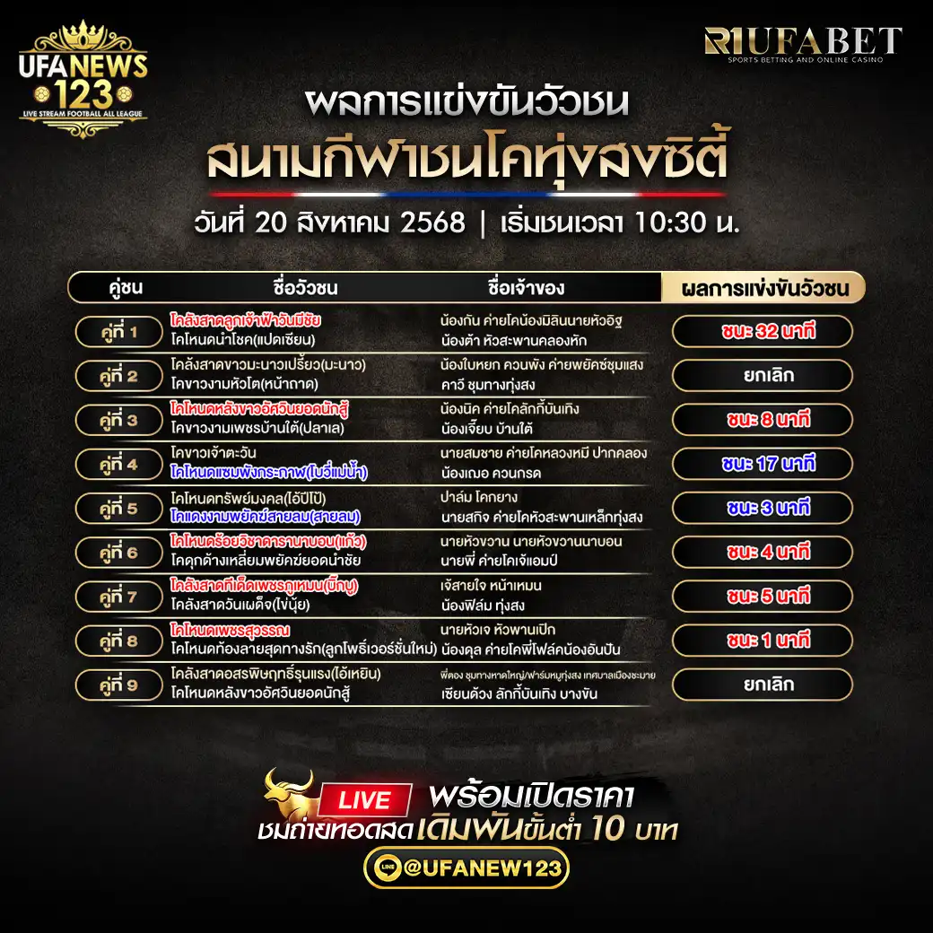 สรุปผลวัวชนประจำวันที่ 20 สิงหาคม 2568 | สนามกีฬาชนโคบ้านทุ่งสงซิตี้