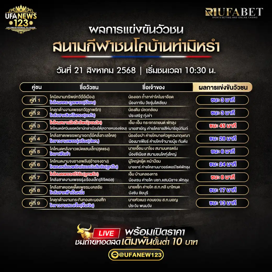 สรุปผลวัวชนประจำวันที่ 21 สิงหาคม 2568 | สนามกีฬาชนโคบ้านท่ามิหรำ