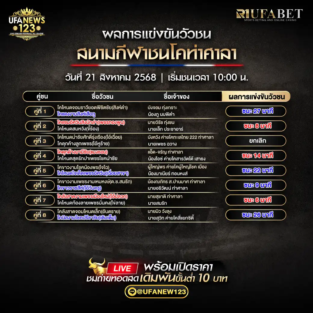 สรุปผลวัวชนประจำวันที่ 21 สิงหาคม 2568 | สนามกีฬาชนโคบ้านท่าศาลา