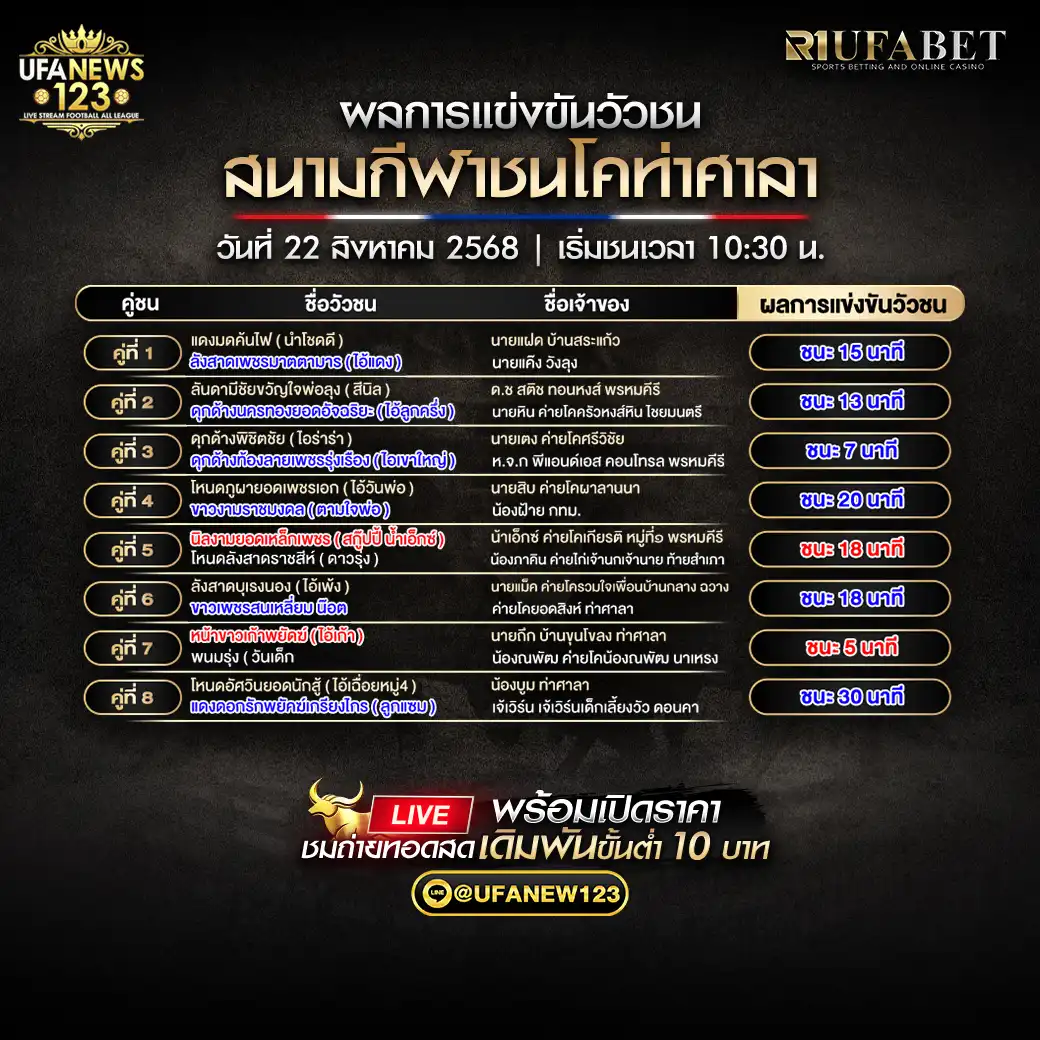 สรุปผลวัวชนประจำวันที่ 22 สิงหาคม 2568 | สนามกีฬาชนโคบ้านท่าศาลา 