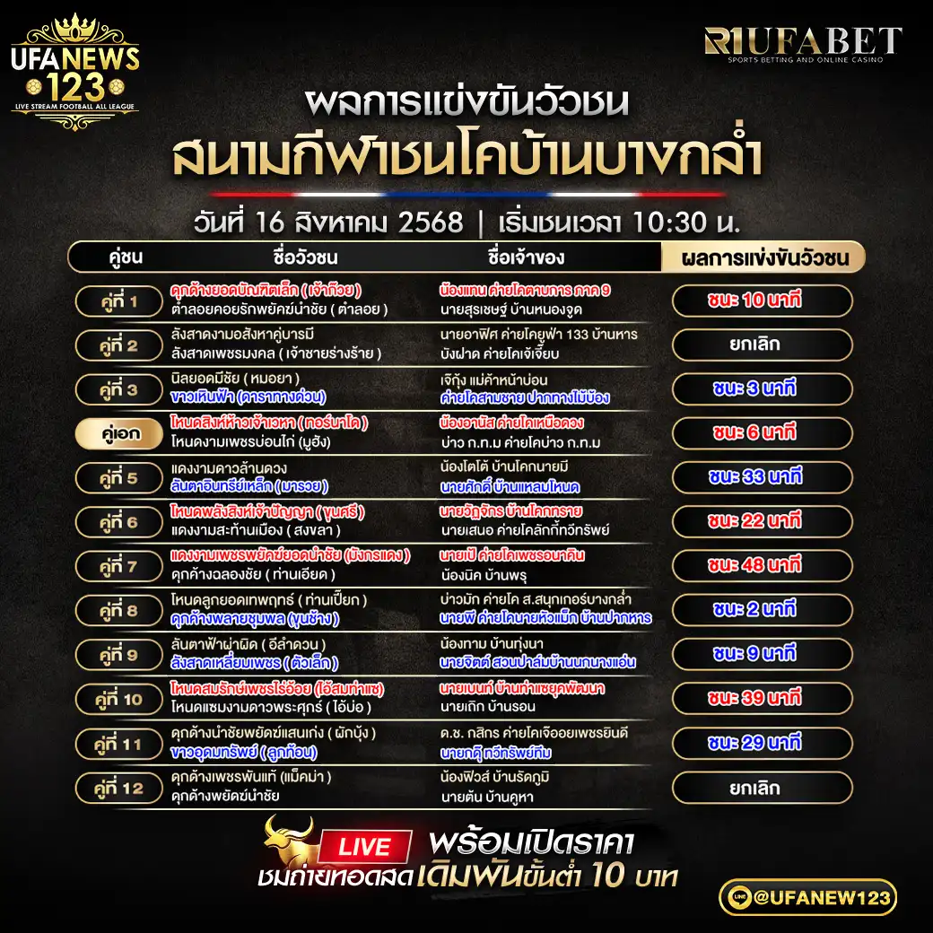ผลวัวชนประจำวันที่ 16 สิงหาคม 2568 | สนามชนโคบ้านบางกล่ำ 