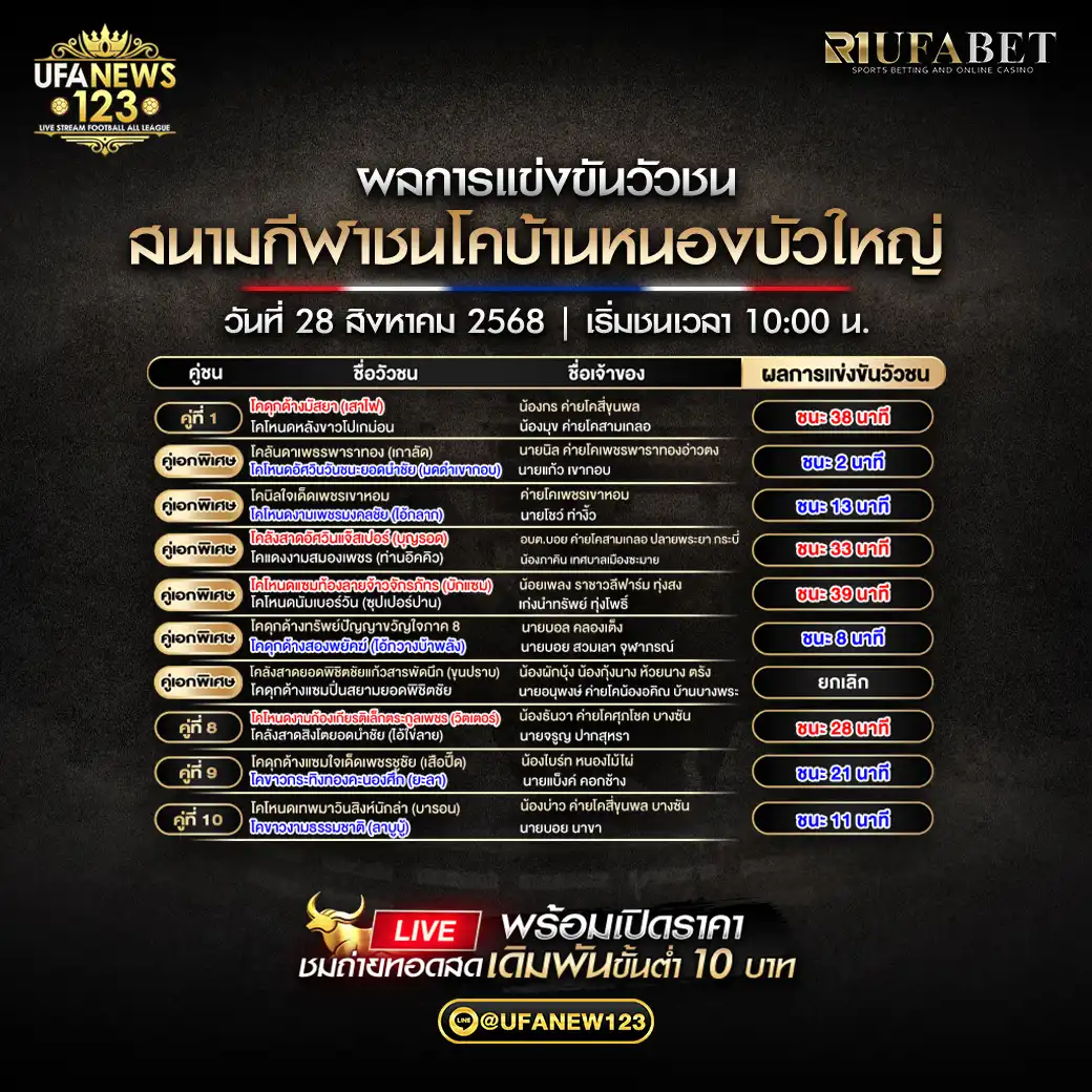 สรุปผลวัวชนประจำวันที่ 28 สิงหาคม 2568 | สนามกีฬาชนโคบ้านหนองบัวใหญ่