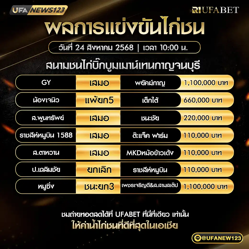 สรุปผลไก่ชนประจำวันที่ 24 สิงหาคม 2568 | สนามบิ๊กบูมเมาน์เทน
