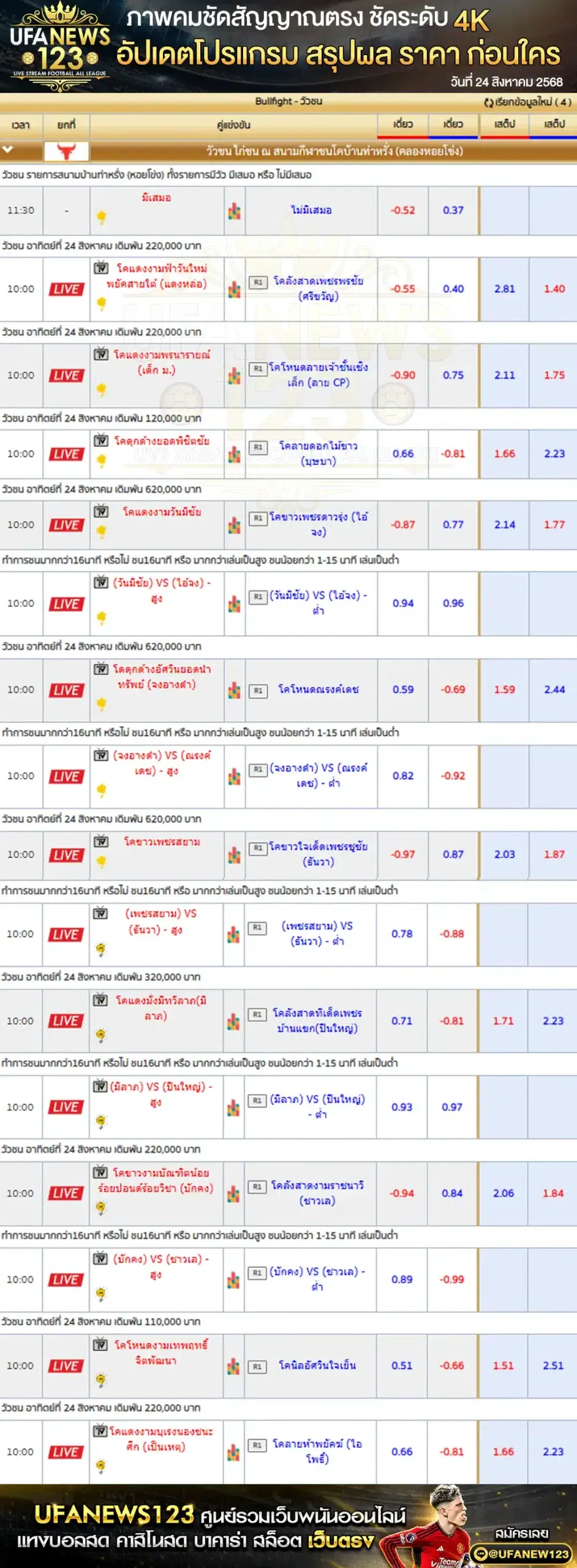 ตารางราคาวัวชนประจำวันที่ 24 สิงหาคม 2568 | สนามกีฬาชนโคบ้านท่าหรั่ง (หอยโข่ง) เริ่มเวลา 10:00 น.