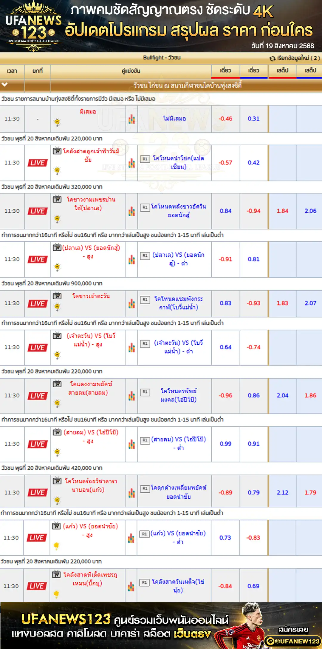 ตารางราคาวัวชนประจำวันที่ 20 สิงหาคม 2568 | สนามกีฬาชนโคบ้านทุ่งสงซิตี้
