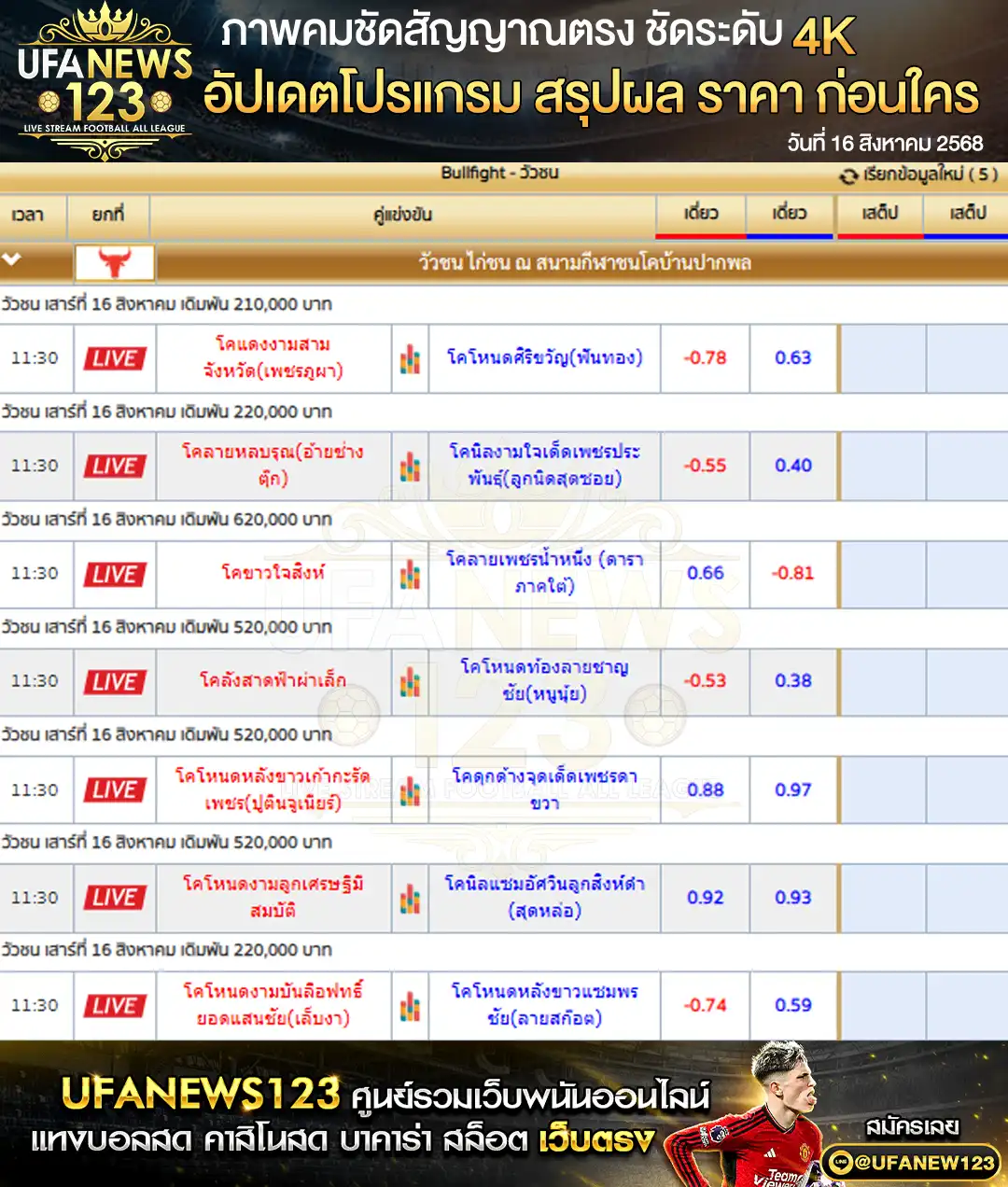 ตารางราคาวัวชนประจำวันที่ 16 สิงหาคม 2568 | สนามกีฬาชนโคบ้านปากพล เริ่มเวลา 10:30 น.