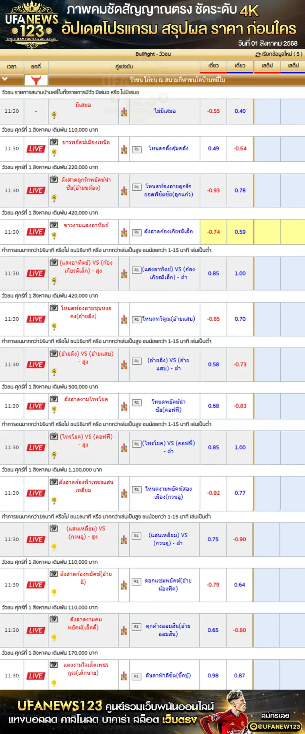 ตารางราคาวัวชนประจำวันที่ 01 สิงหาคม 2568 | สนามชนโคบ้านหยีใน เริ่มเวลา 10:00 น.