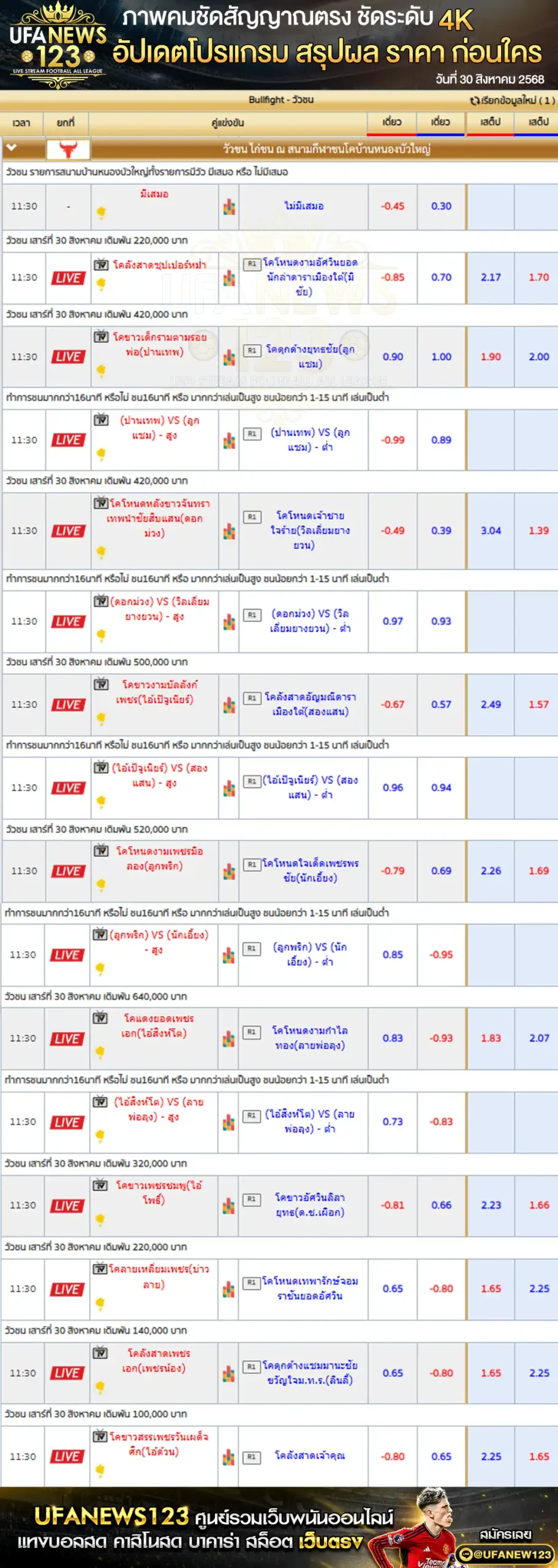 ตารางราคาวัวชนประจำวันที่ 30 สิงหาคม 2568 | สนามชนโคบ้านหนองบัวใหญ่ เริ่มเวลา 11:30 น.