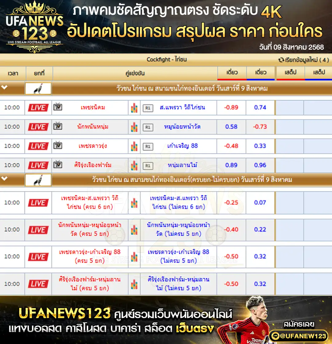 ตารางราคาไก่ชนประจำวันที่ 09 สิงหาคม 2568 | สนามชนไก่ทองอินเตอร์ เริ่มเวลา 10:00 น. 