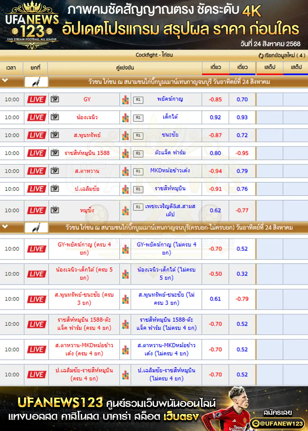 ตารางราคาไก่ชนประจำวันที่ 24 สิงหาคม 2568 | สนามบิ๊กบูมเมาน์เทน เริ่มเวลา 10:00 น.