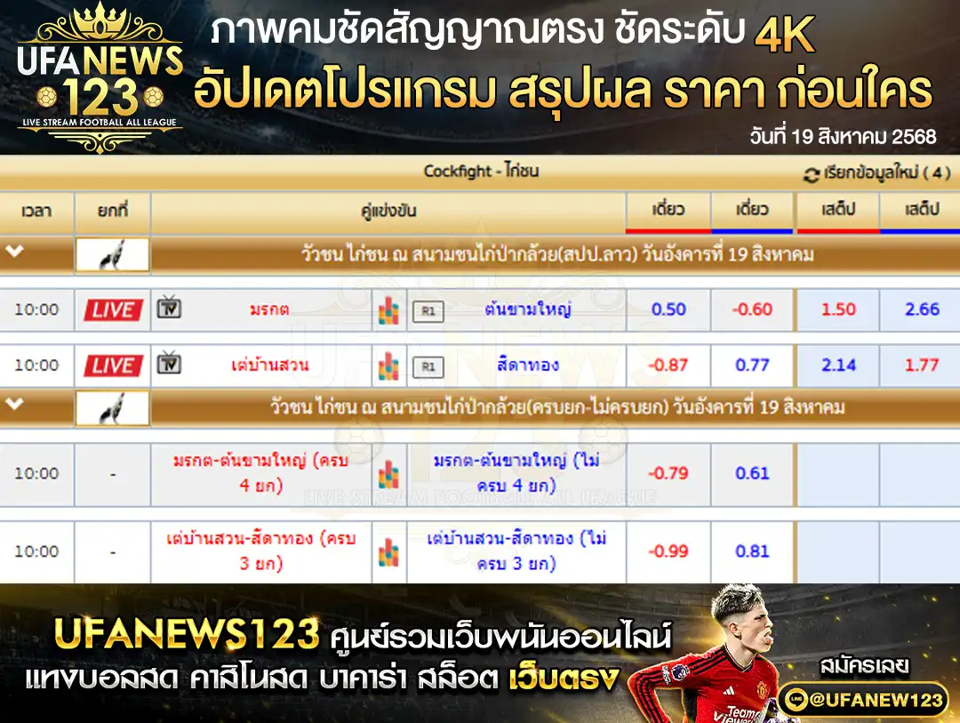 ตารางราคาไก่ชนประจำวันที่ 19 สิงหาคม 2568 | สนามชนไก่ป่ากล้วย (สปป.ลาว)
