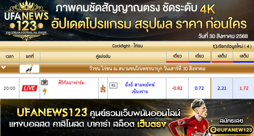 ตารางราคาไก่ชนประจำวันที่ 30 สิงหาคม 2568 | สนาชนไก่เพชรนาบุก เริ่มเวลา 20:00 น.