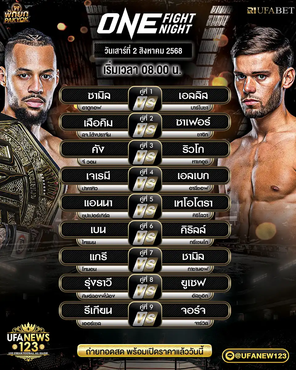 รายการชกศึก ONE Fight Night 34 ประจำวันที่ 02 สิงหาคม 2568 