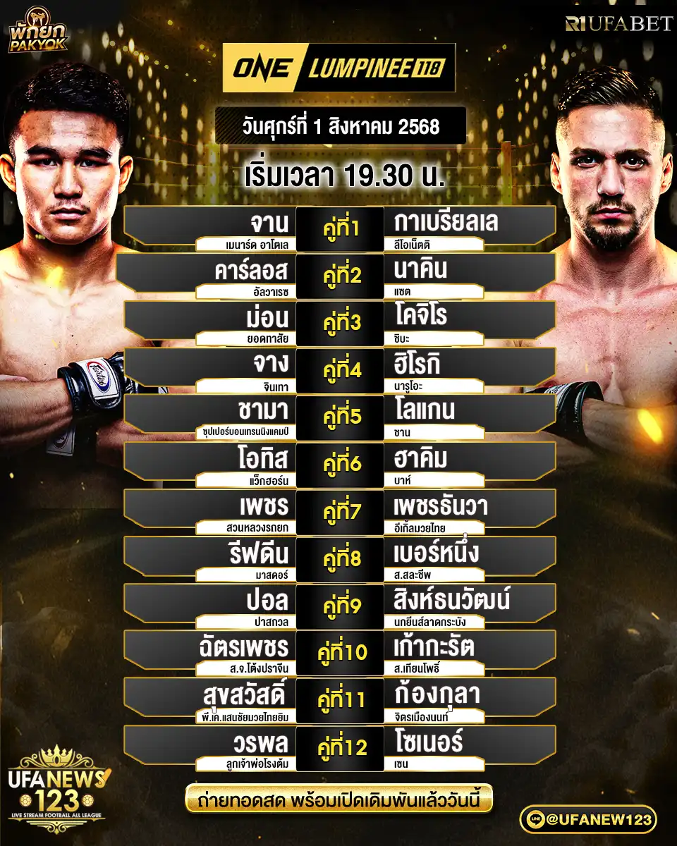 รายการชกศึก ONE Lumpinee 118 ประจำวันที่ 01 สิงหาคม 2568