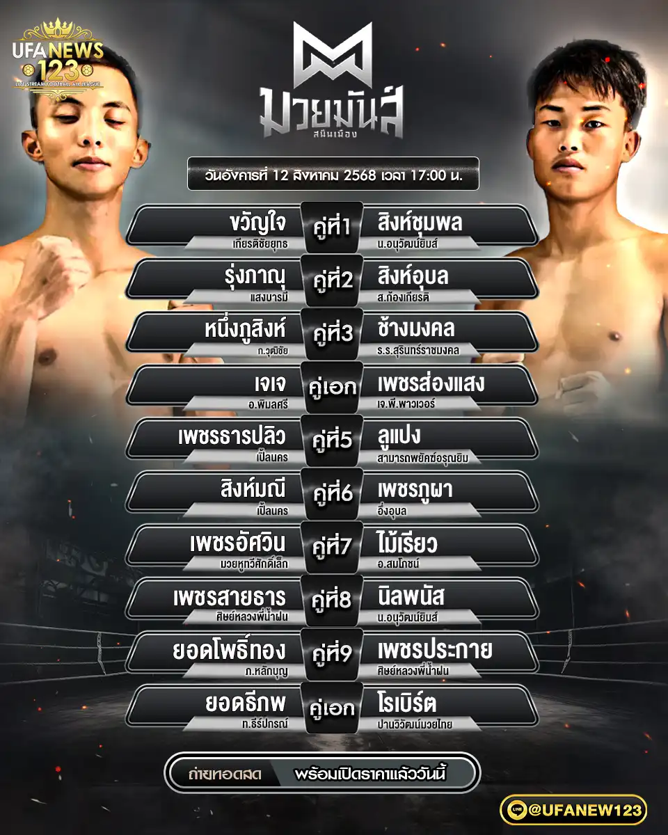 ตารางโปรแกรมมวยประจำวันที่ 12 สิงหาคม 2568 | ศึกมวยมันส์สนั่นเมืองเริ่มเวลา 17:00 น.
