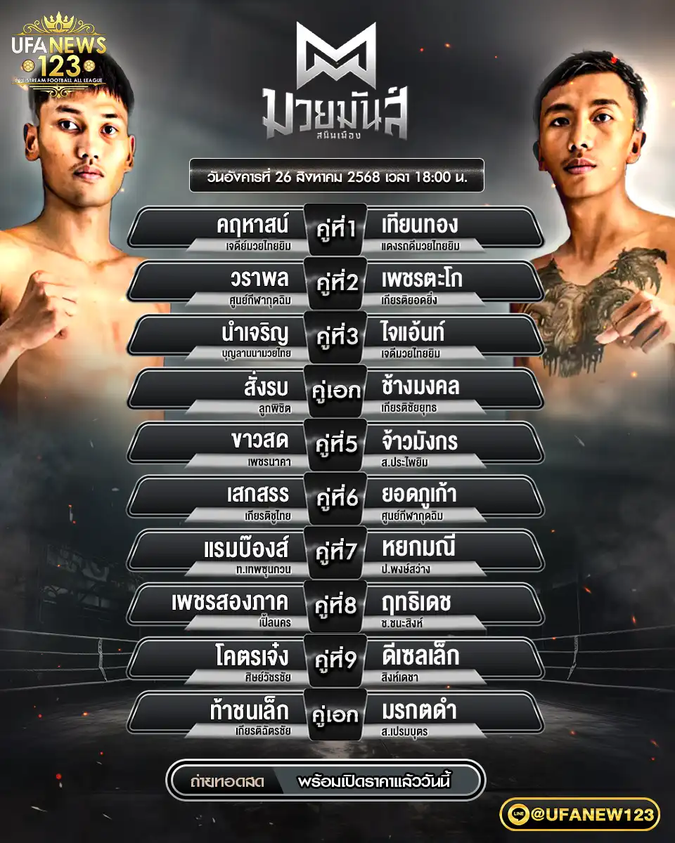 โปรแกรมมวย มวยมันส์สนั่นเมือง เริ่มเวลา 18.00 น. 26 สิงหาคม 2568