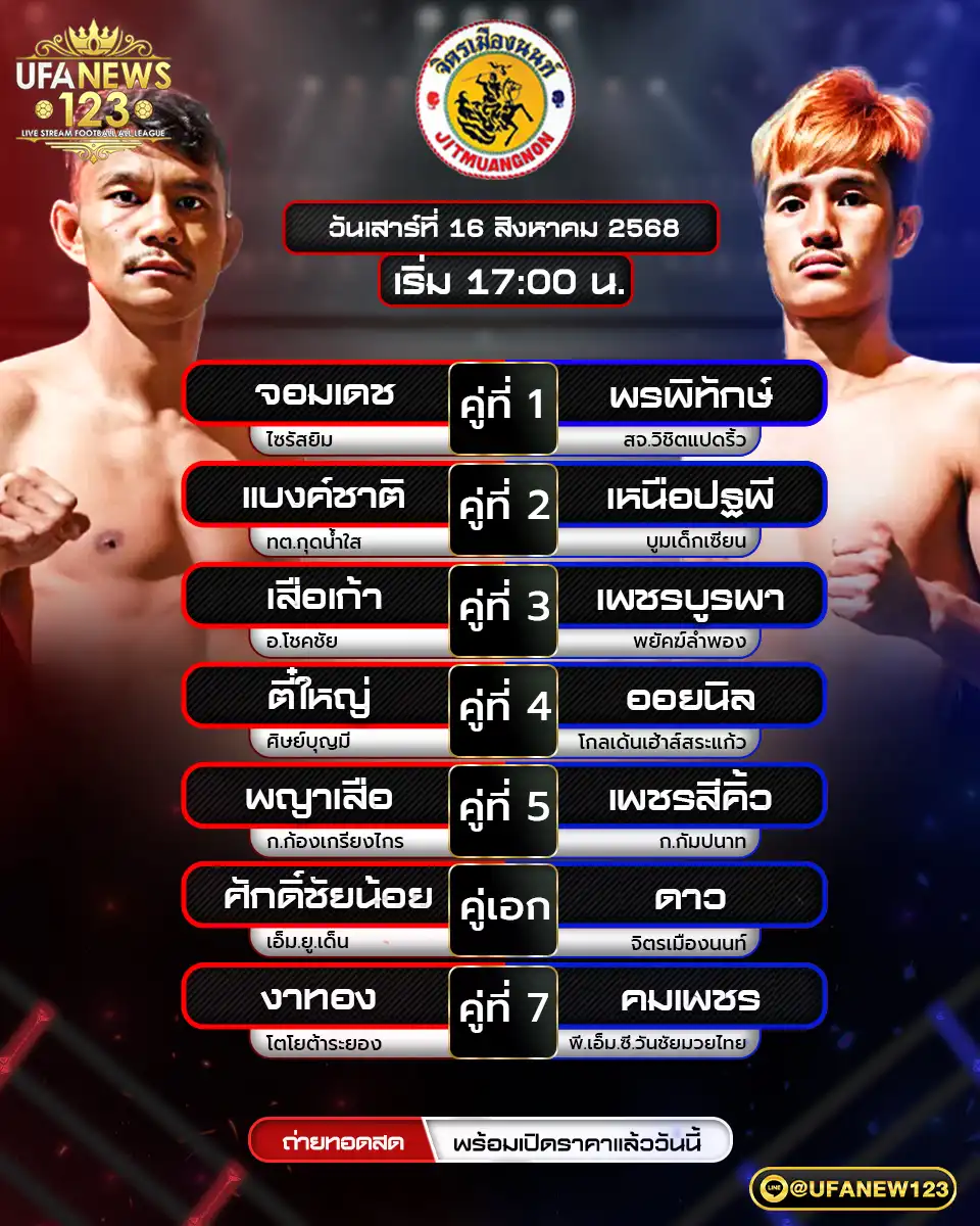 ตารางโปรแกรมมวยประจำวันที่ 16 สิงหาคม 2568 | ศึกจิตรเมืองนนท์ เริ่มเวลา 17:00 น.