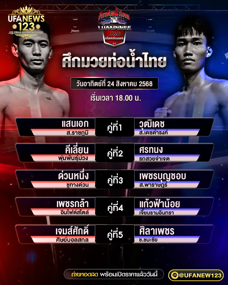 ตารางโปรแกรมมวยประจำวันที่ 24 สิงหาคม 2568 | ศึกมวยไทยท่อน้ำไทย เวลา 18:00 น.