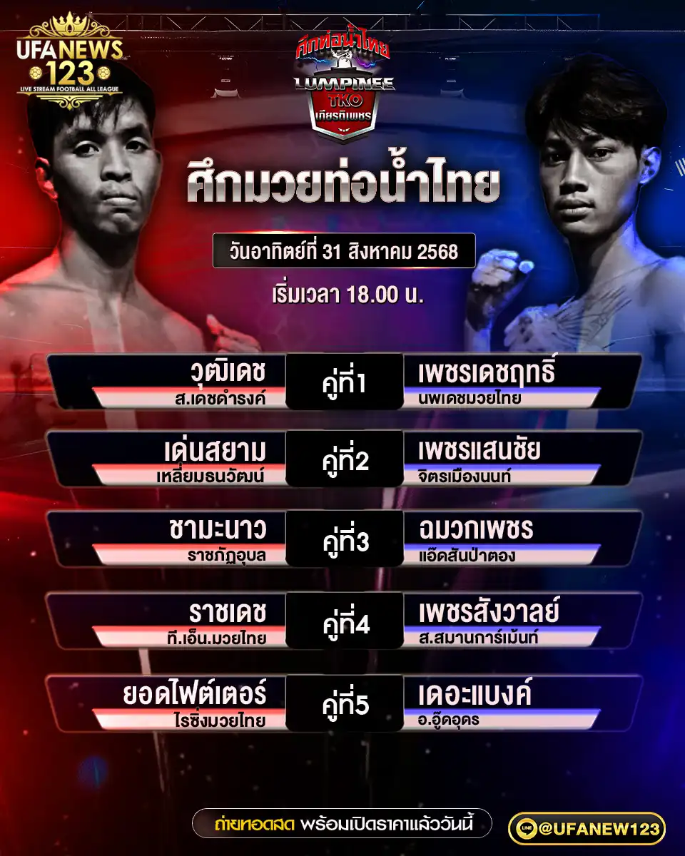ตารางการแข่งขันมวยไทย 31 สิงหาคม 2568 | ศึกมวยไทยท่อน้ำไทย เวลา 18:00 น.