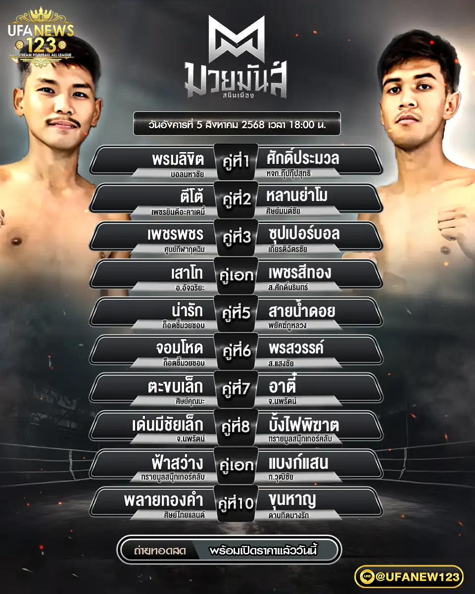 รายการชกประจำวันที่ 05 สิงหาคม 2568 | ศึกมวยมันส์สนั่นเมือง เริ่ม 18.00 น.