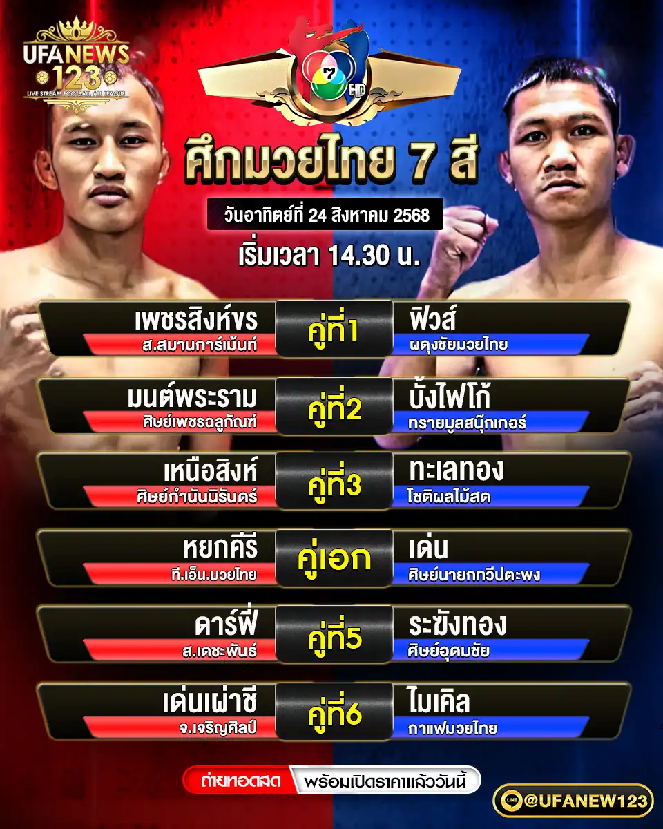 ตารางโปรแกรมมวยประจำวันที่ 24 สิงหาคม 2568 | ศึกมวยไทย 7 สี เวลา 14:30 น.