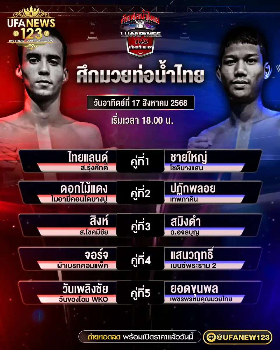 ตารางโปรแกรมมวยประจำวันที่ 17 สิงหาคม 2568 | ศึกมวยไทยท่อน้ำไทย เวลา 18:00 น.