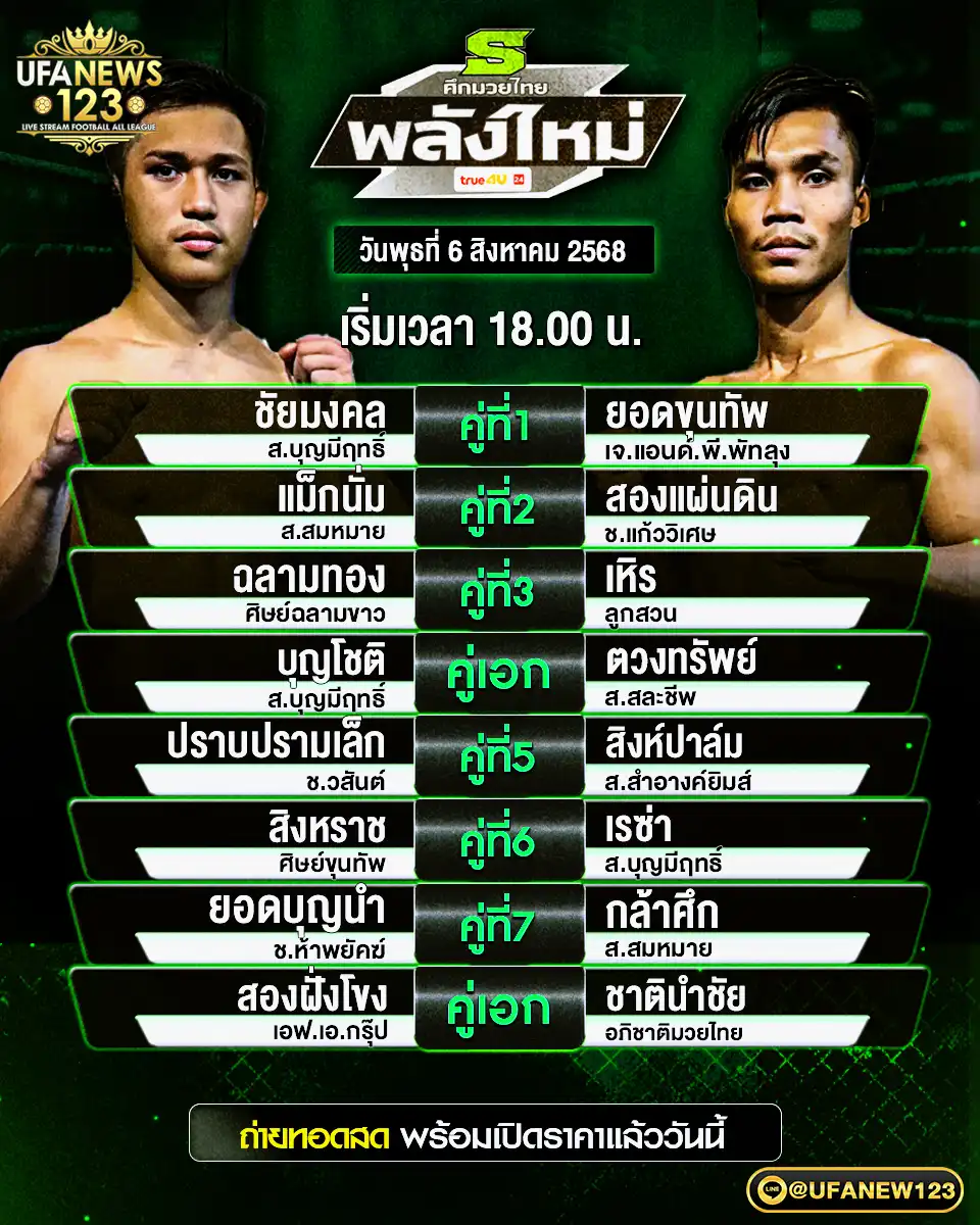 รายการชกประจำวันที่ 06 สิงหาคม 2568 | ศึกมวยไทยพลังใหม่ เริ่มเวลา 18.00 น.