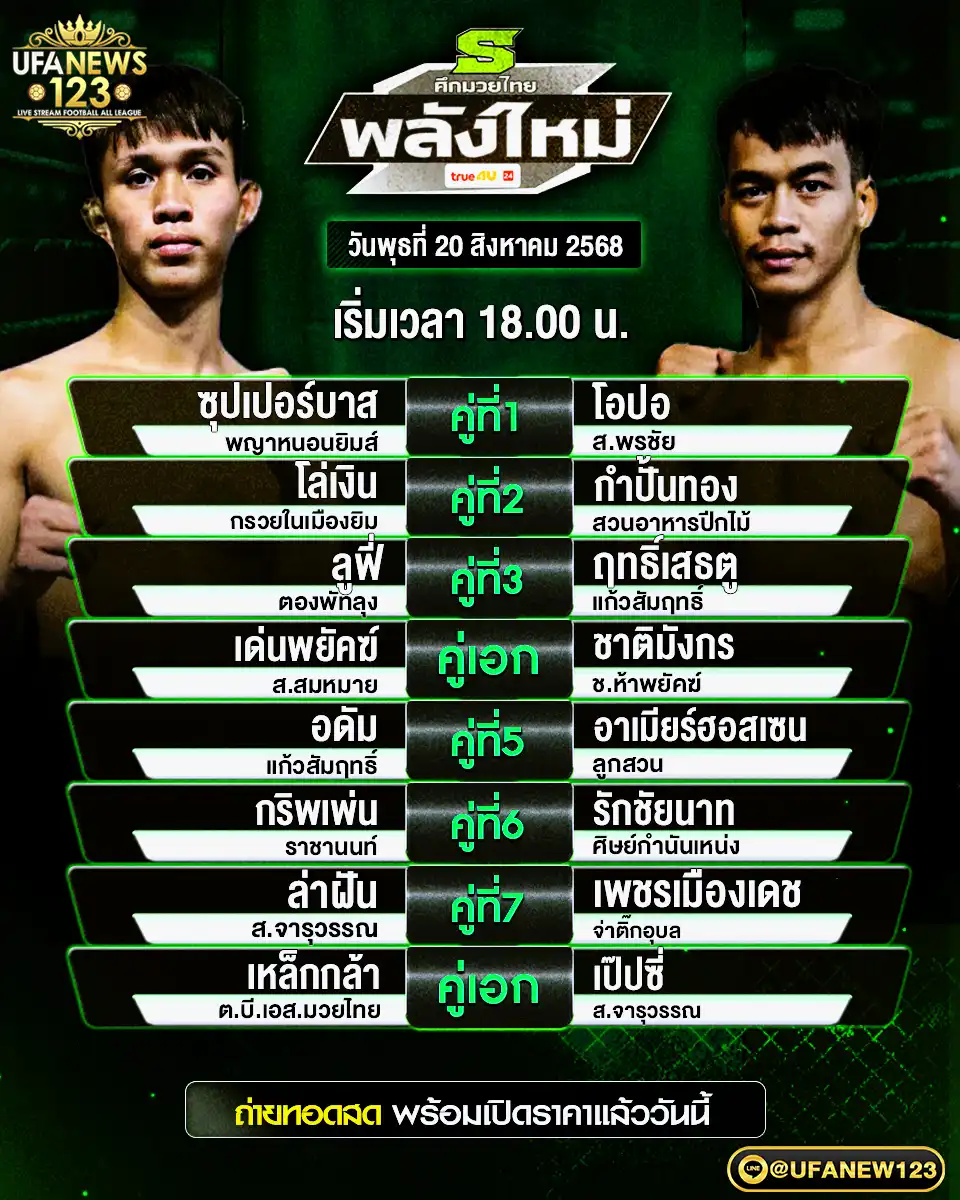 ตารางโปรแกรมมวยประจำวันที่ 20 สิงหาคม 2568 | ศึกมวยไทยพลังใหม่ เริ่มเวลา 18:00 น.