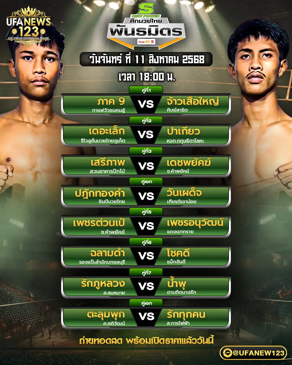 ตารางโปรแกรมมวยประจำวันที่ 11 สิงหาคม 2568 | ศึกมวยไทยพันธมิตร เริ่มเวลา 18:00 น.