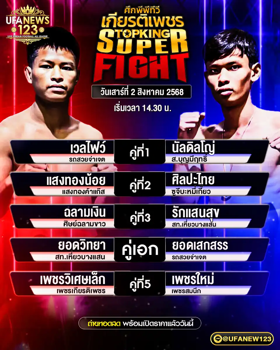 รายการคู่ชกประจำวันที่ 02 สิงหาคม 2568 | ศึกมวยไทยเกียรติเพชร เริ่มเวลา 14:30 น.