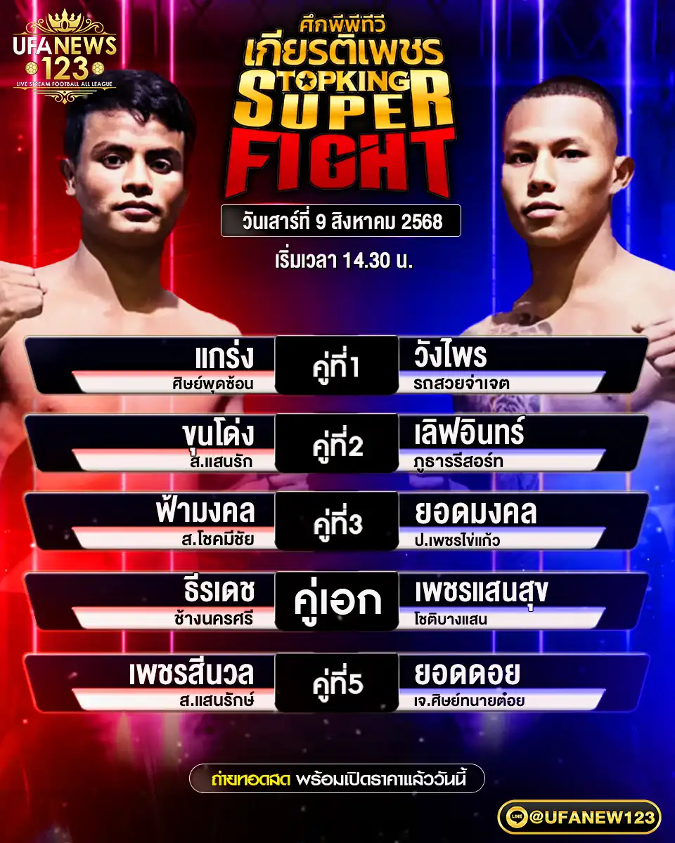 ตารางโปรแกรมมวยประจำวันที่ 09 สิงหาคม 2568 ศึกมวยไทยเกียรติเพชร | เริ่มเวลา 14:30 น. 