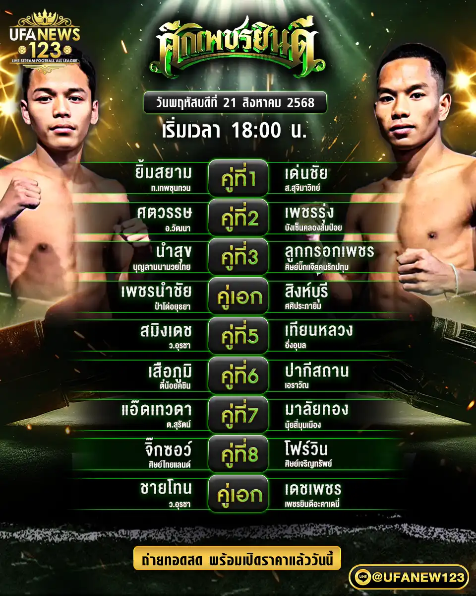 ตารางโปรแกรมมวยประจำวันที่ 21 สิงหาคม 2568 | ศึกเพชรยินดี เริ่มเวลา 18:00 น.