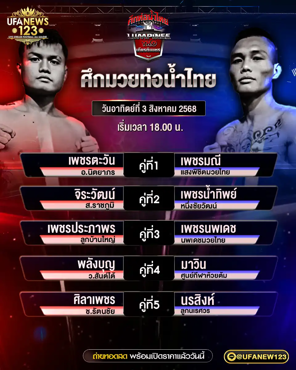 รายการคู่ชกประจำวันที่ 03 สิงหาคม 2568 | ศึกมวยไทยท่อน้ำไทย เวลาเริ่ม: 18:00 น.