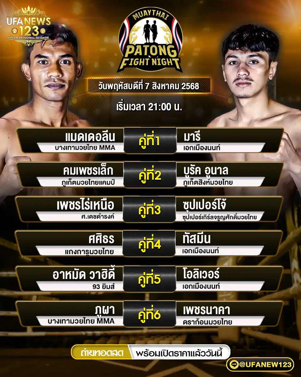 รายละเอียดการแข่งขัน ศึกสิงห์ป่าตอง – เวทีบางลา ภูเก็ต เริ่มเวลา 21:00 น. 07 สิงหาคม 2568