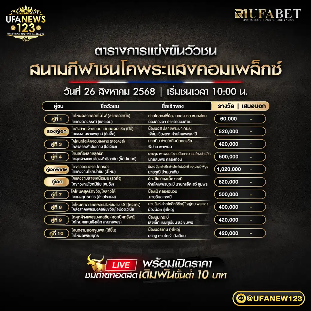 ตารางโปรแกรมวัวชนประจำวันที่ 26 สิงหาคม 2568 | สนามชนโคพระแสงคอมแพล็กซ์ เริ่มเวลา 10:00 น.