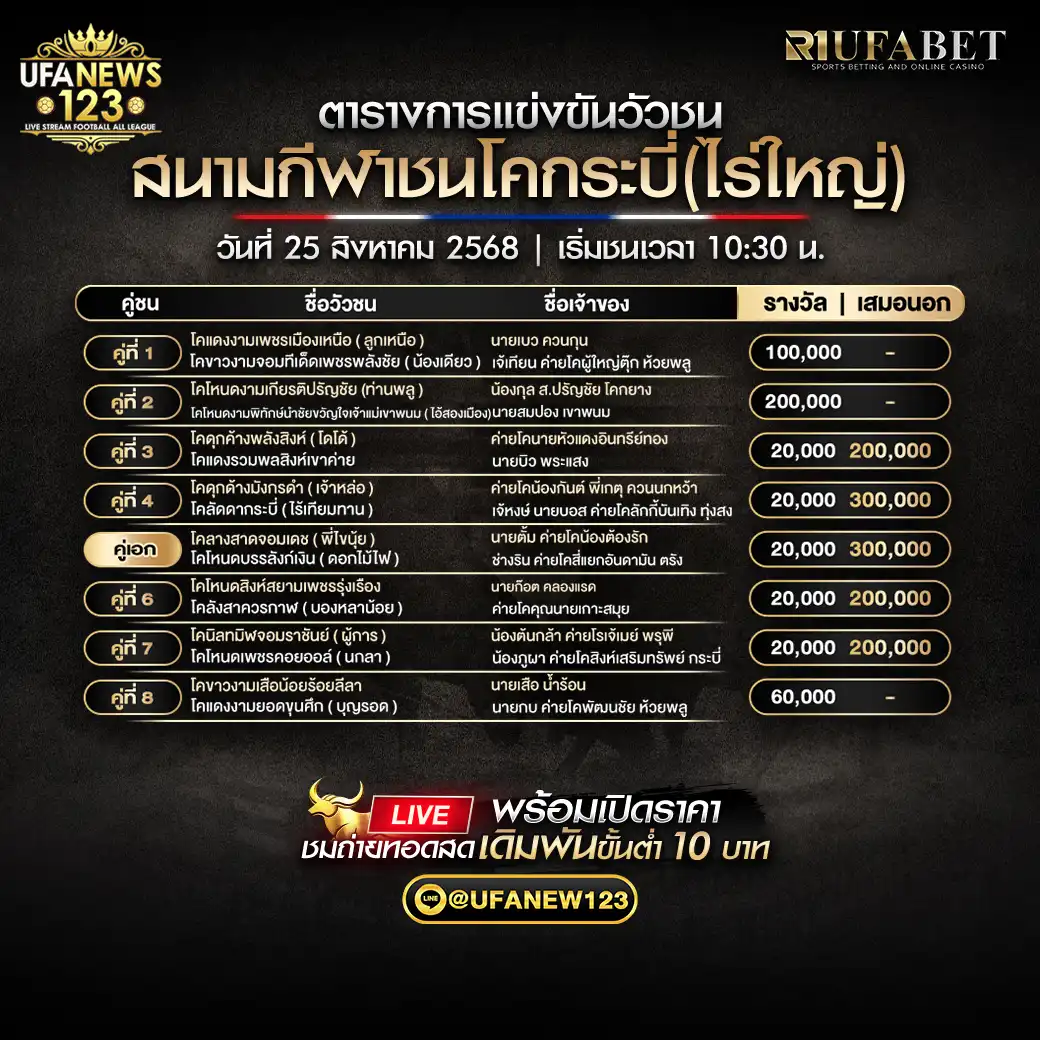 ตารางโปรแกรมวัวชนประจำวันที่ 25 สิงหาคม 2568 | สนามกีฬาชนโคกระบี่ (ไร่ใหญ่) เริ่มเวลา 10:30 น.