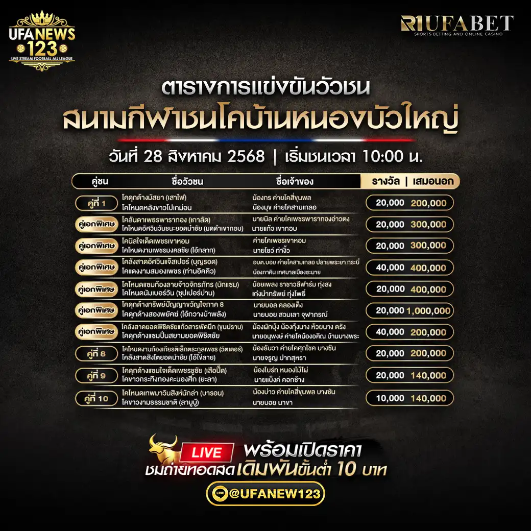 ตารางโปรแกรมวัวชนประจำวันที่ 28 สิงหาคม 2568 | สนามกีฬาชนโคบ้านหนองบัวใหญ่ เริ่มเวลา 10:00 น.