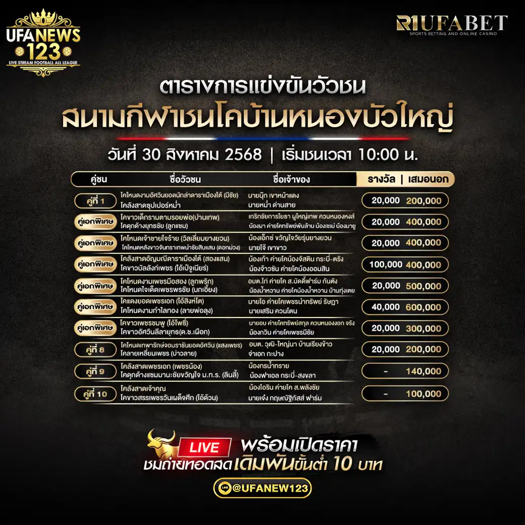 ตารางโปรแกรมวัวชนประจำวันที่ 30 สิงหาคม 2568 | สนามชนโคบ้านหนองบัวใหญ่ เริ่มเวลา 10:00 น.