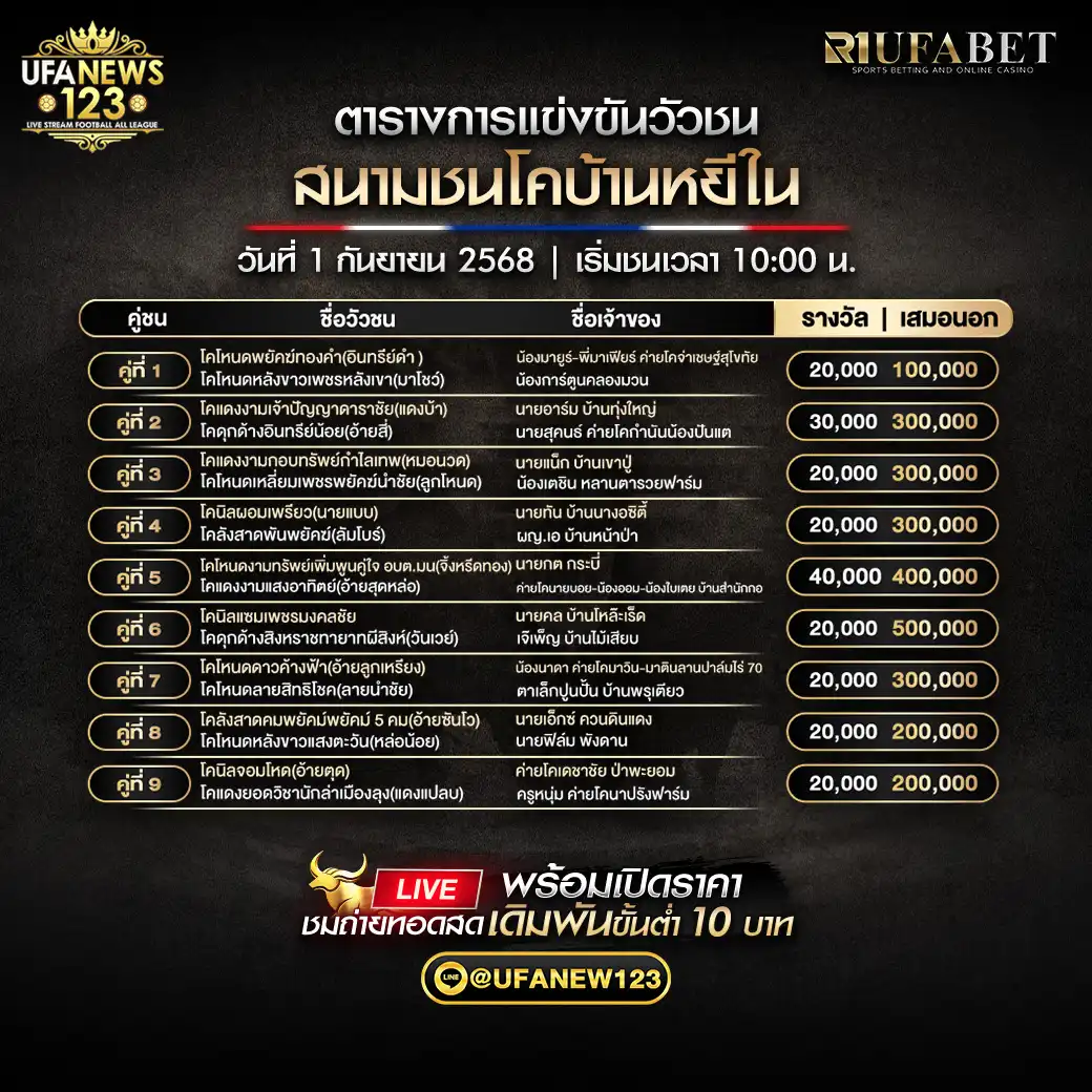ตารางโปรแกรมวัวชนประจำวันที่ 01 กันยายน 2568 | สนามชนโคบ้านหยีใน เวลา 10:00 น.