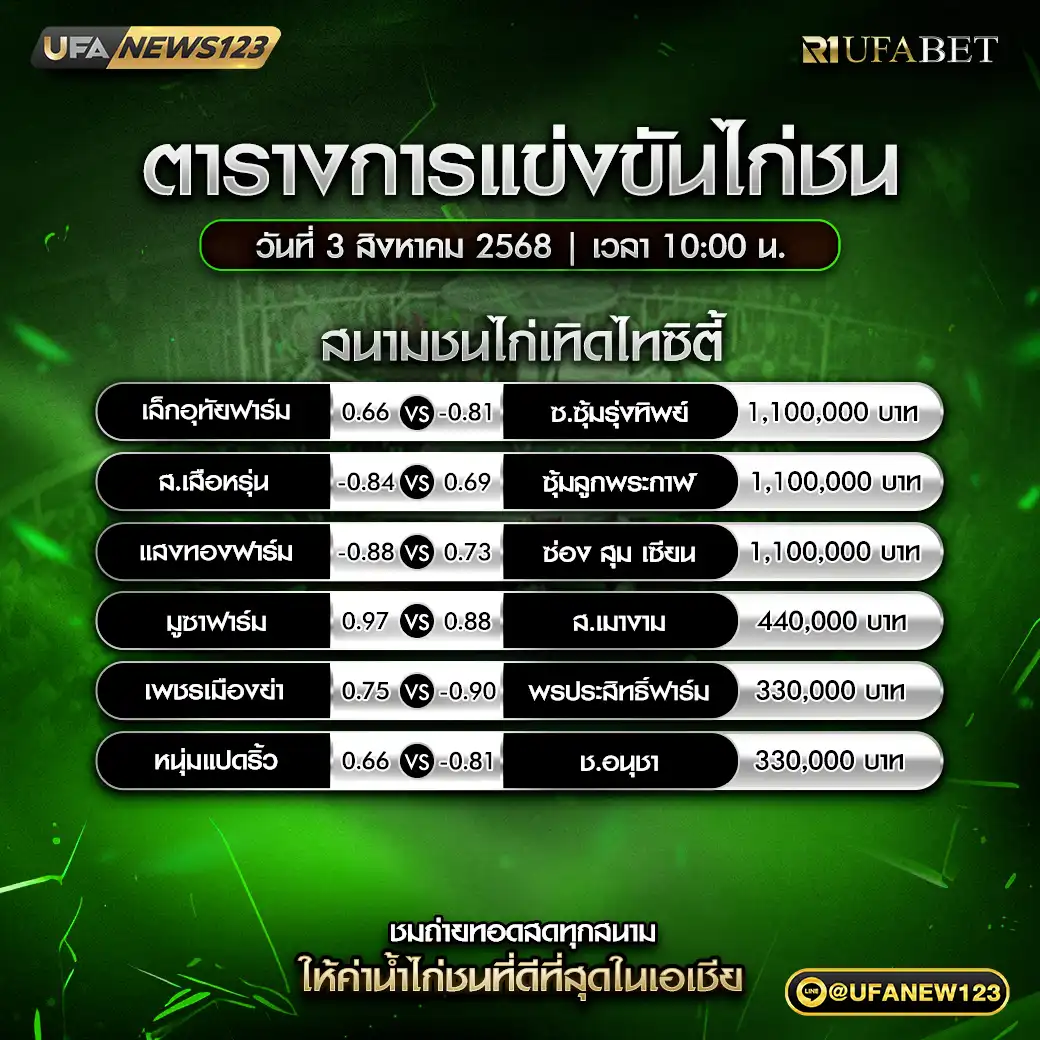 รายการคู่ชนประจำวันที่ 03 สิงหาคม 2568 | สนามชนไก่เทิดไทซิตี้ เริ่มเวลา 10:00 น. 