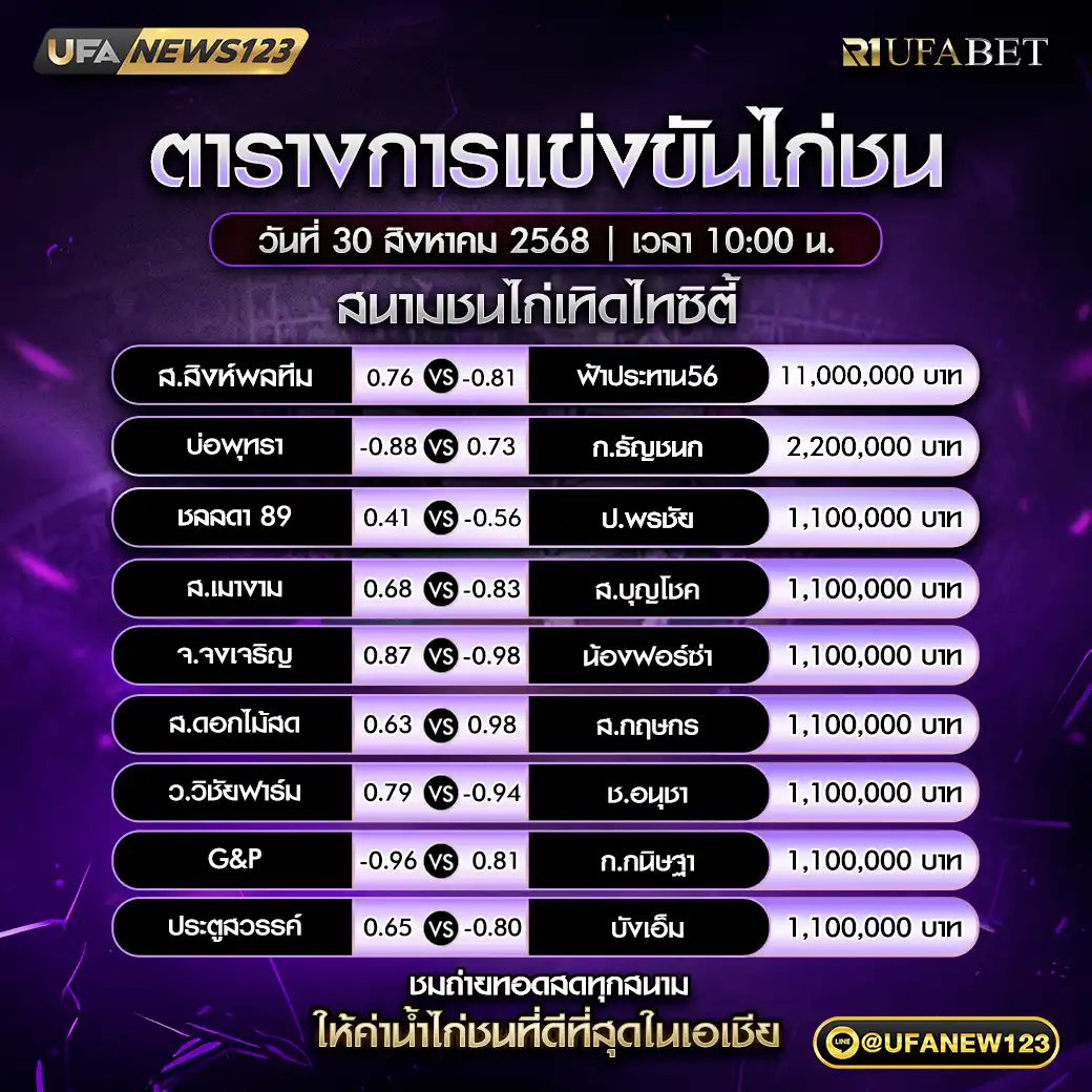ตารางโปรแกรมไก่ชนประจำวันที่ 30 สิงหาคม 2568 | สนาชนไก่เทิดไทซิตี้ เริ่มเวลา 10:00 น.