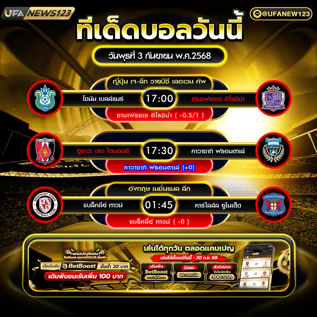 ทีเด็ดบอล แจกบอลสเต็ป 3 คู่ วันที่ 03 กันยายน 2568